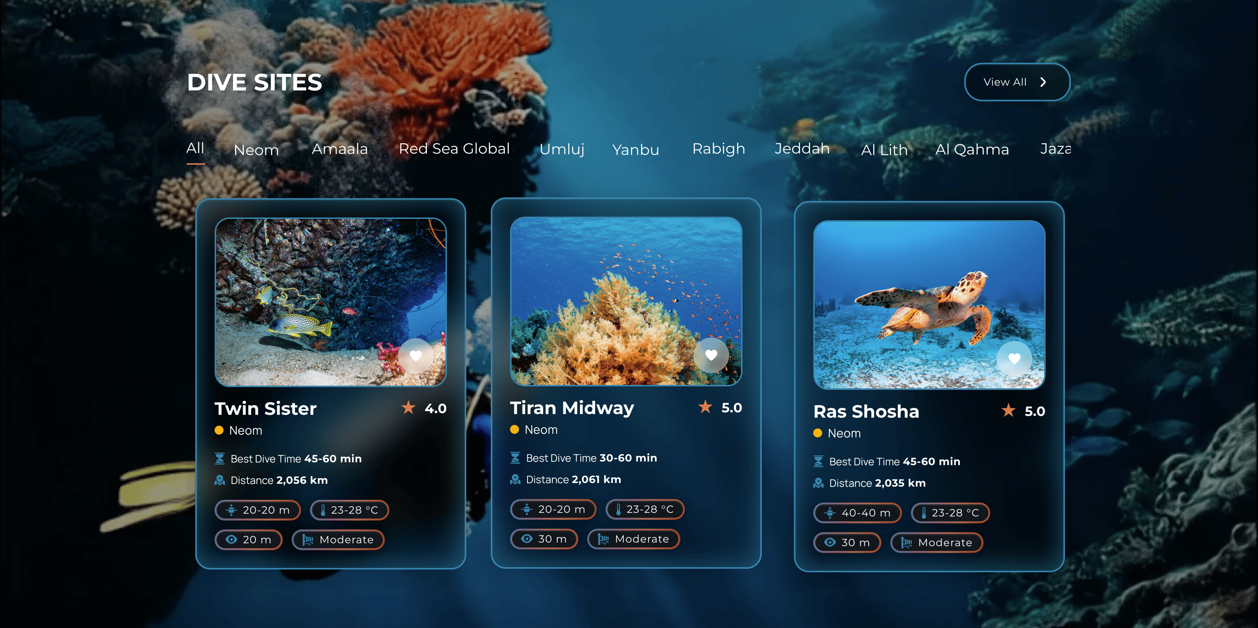 BlueKingdom dive sites discovery interface showing dive site cards with ratings, dive times, depths, and water temperatures