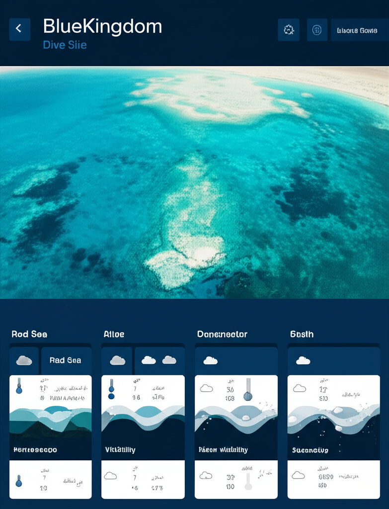 BlueKingdom dive site detail page in Arabic RTL layout with weather and dive metrics