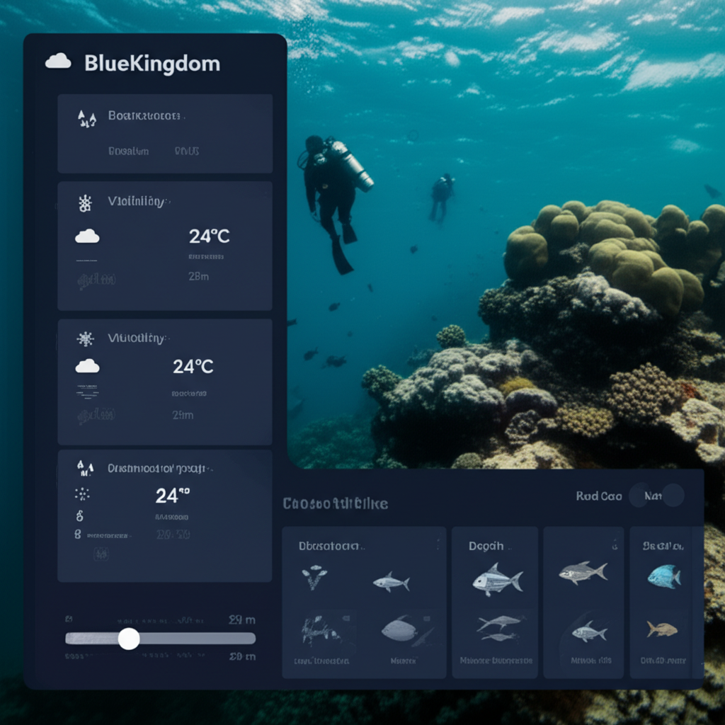 BlueKingdom dive site detail page showing weather info, water temperature, visibility, and depth metrics