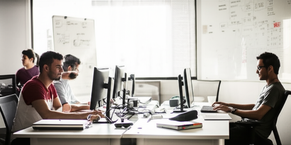 Early tech startup office in Dubai with developers at workstations and system diagrams on whiteboards