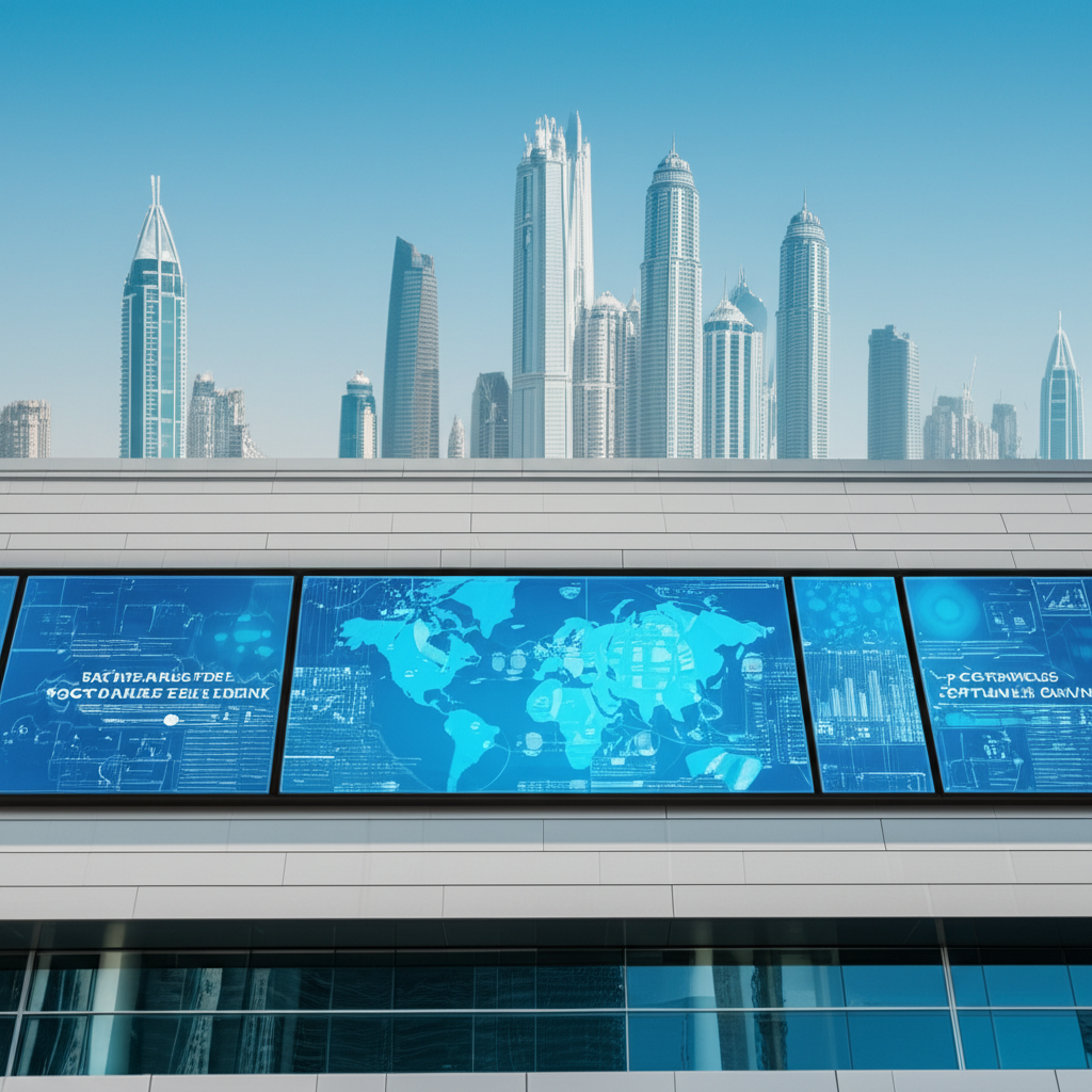 Modern government building with digital screens representing enterprise software delivery in Dubai