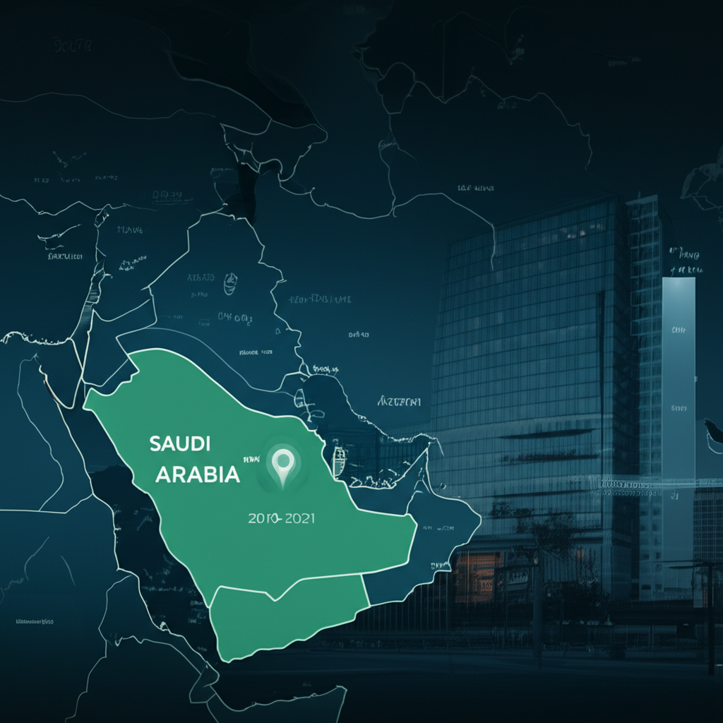 Middle East regional map highlighting Saudi Arabia and Kuwait with business growth visualization