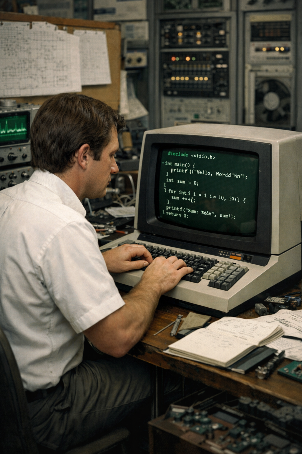 Engineer writing C code on a vintage terminal — the era of building from the machine layer up