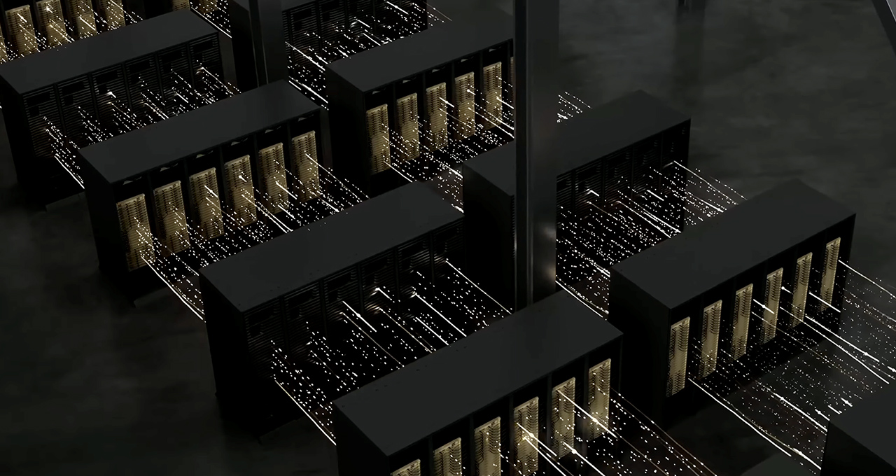 Server infrastructure with data flowing through racks