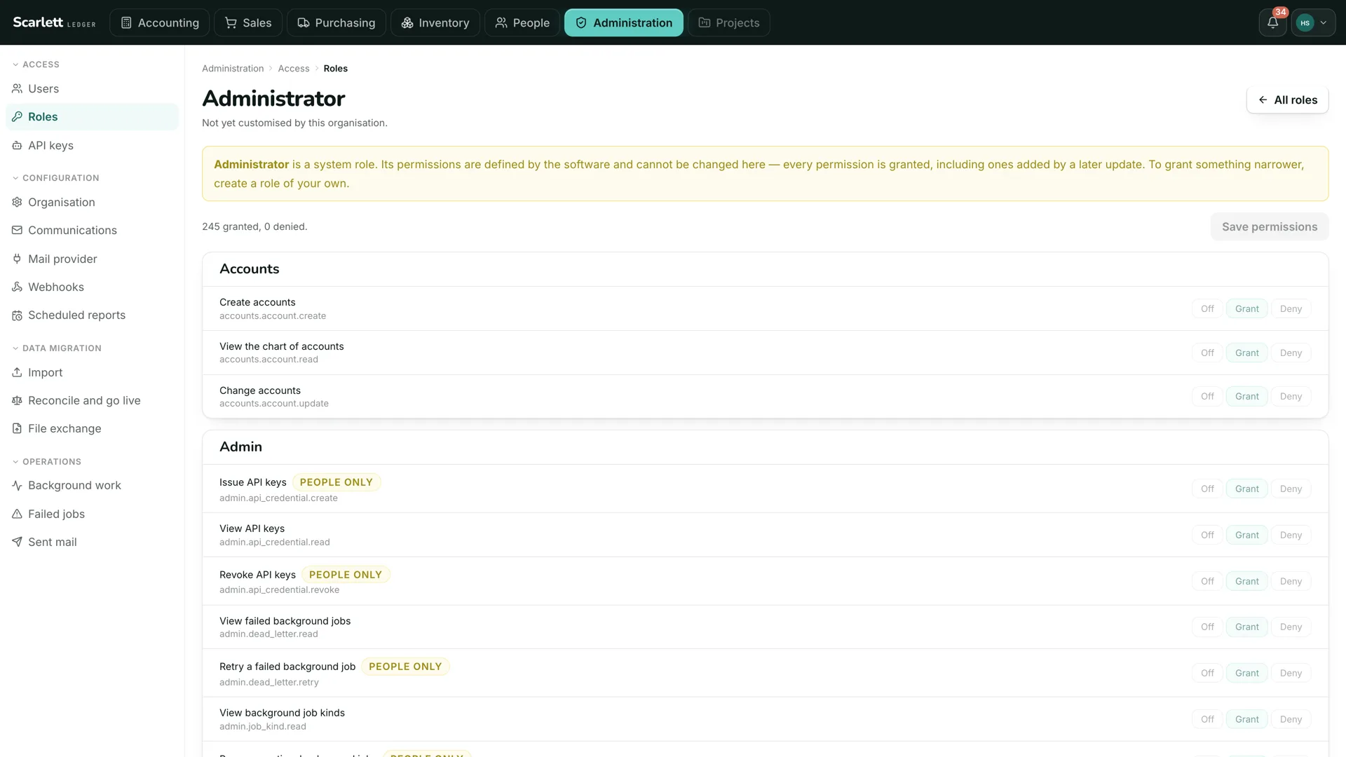 The role editor, listing permissions by module with some marked as requiring a person