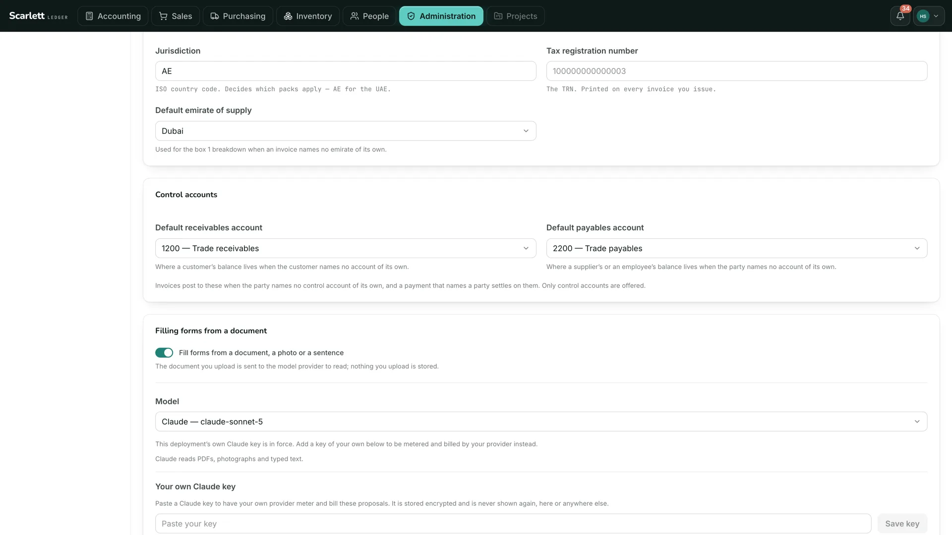 Organisation settings, where the model behind the assistant is chosen and the organisation's own key can be stored encrypted
