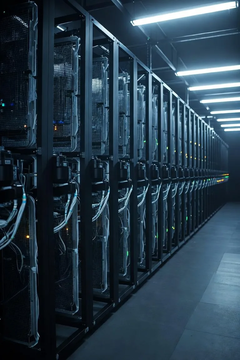 A data-centre corridor: rows of caged server racks under strip lighting